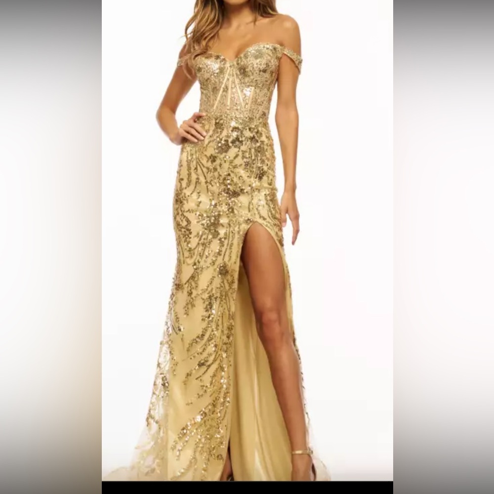 Sherri Hill Gold Sequin Gown Dress with Slit size 4